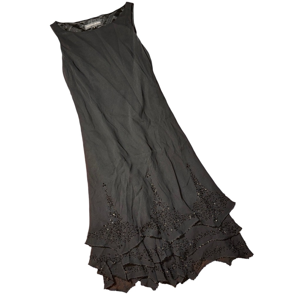 Jones New York Dress Womens 12 Black 100% Silk Beaded Tiered Ruffle Vintage y2k
